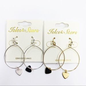 Heart Charm Dangle Hoops, Set of 2 Silver/Gold